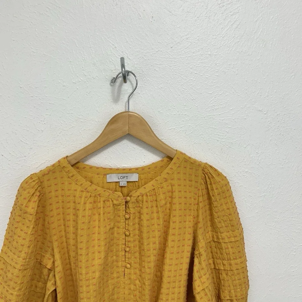 LOFT Yellow Dotted Textured Cotton Blouse Top Button- Up Placket Puff Sleeves M